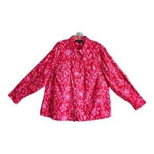 JONES NEW YORK Women Plus 3X Blouse Red Pink Colorful Ikat Pattern Button Up 50"